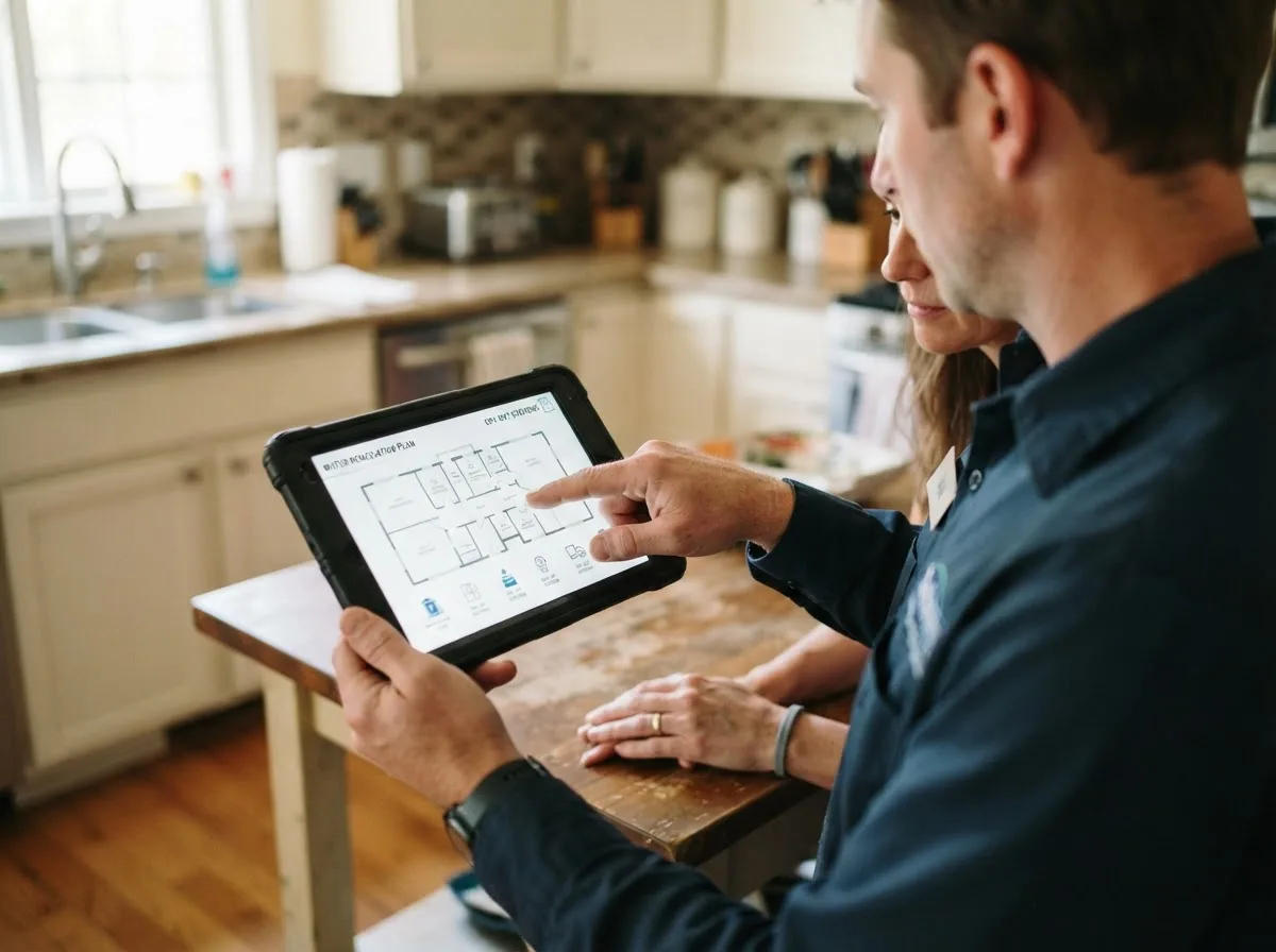 Water damage restoration technician inspecting a home in South Holland, IL